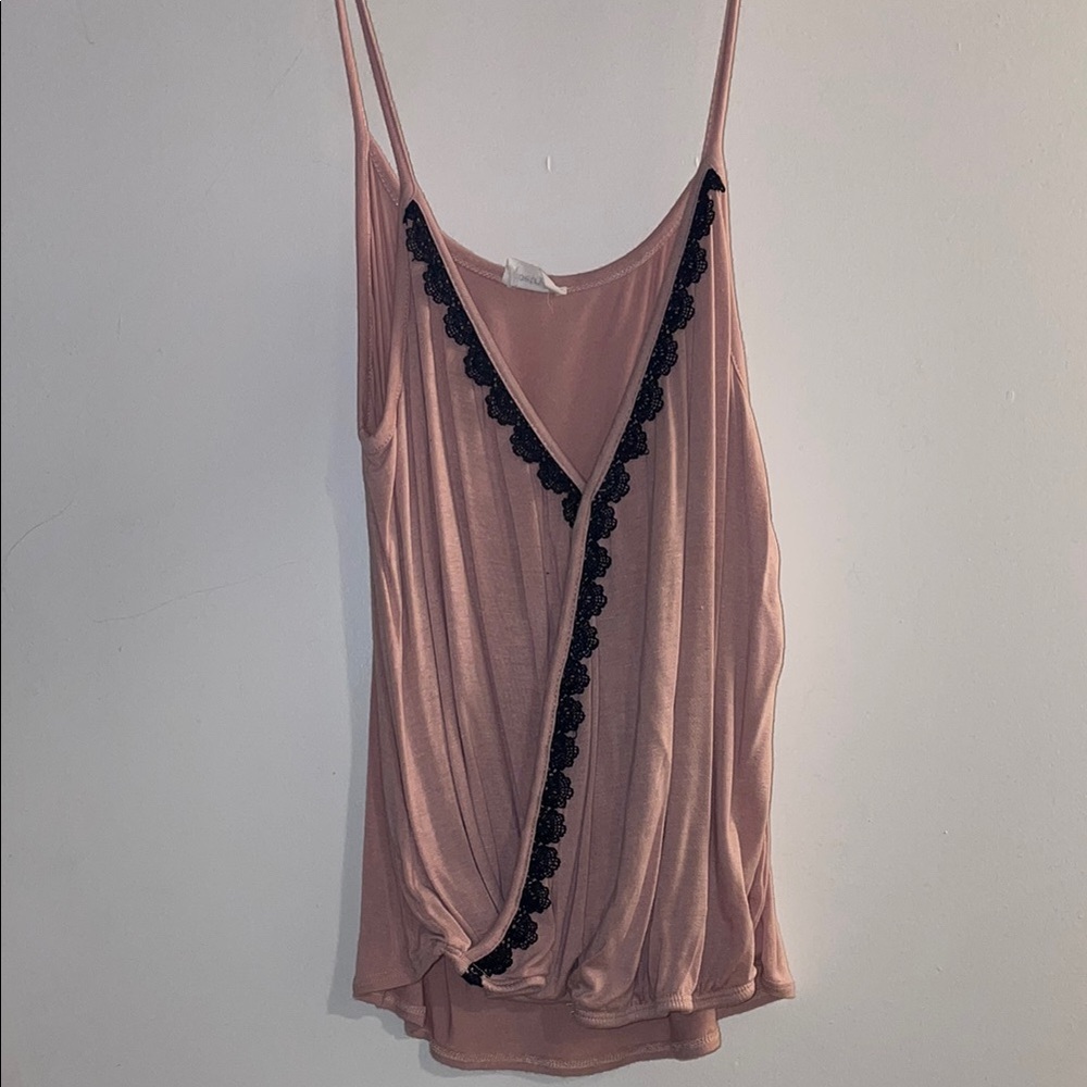 Pink Sleeveless Top with Black Lace Trim